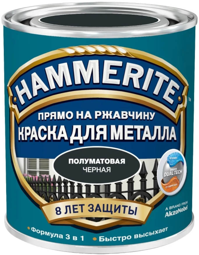 

HAMMERITE эмаль 3в1 для металла прямо на ржавчину полуматовая черная (5л), Черный