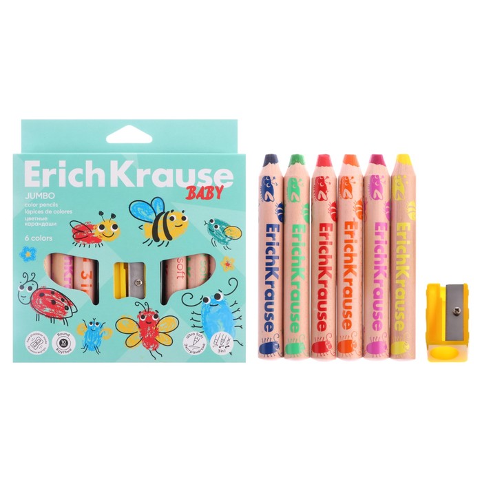 Карандаши ErichKrause Baby Jumbo 6 цветов дерево, утолщенные круглые, грифель 10 мм