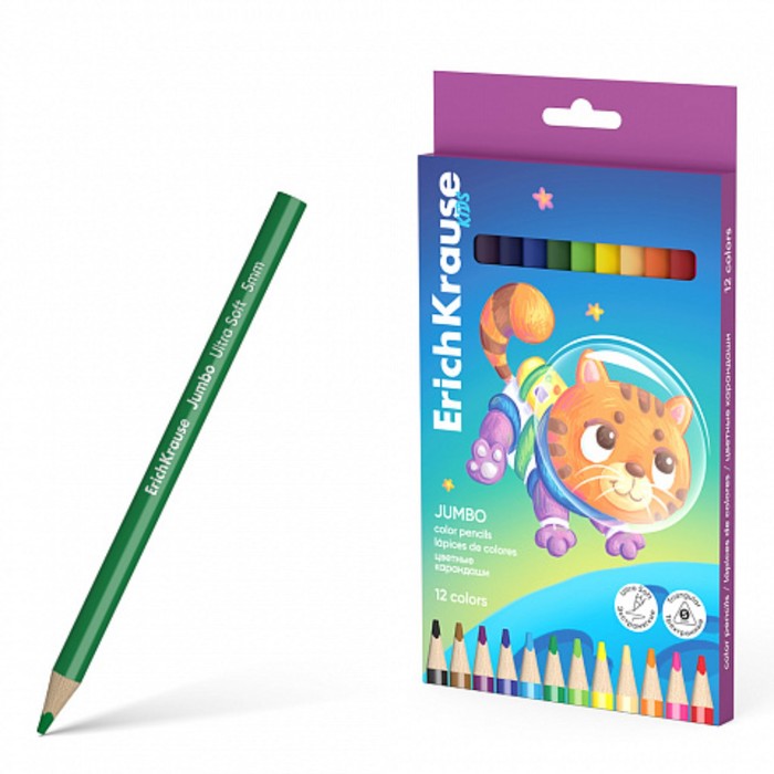 

Карандаши ErichKrause Kids Jumbo Space Animals 12 цветов, дерево, трехгранные 5 мм