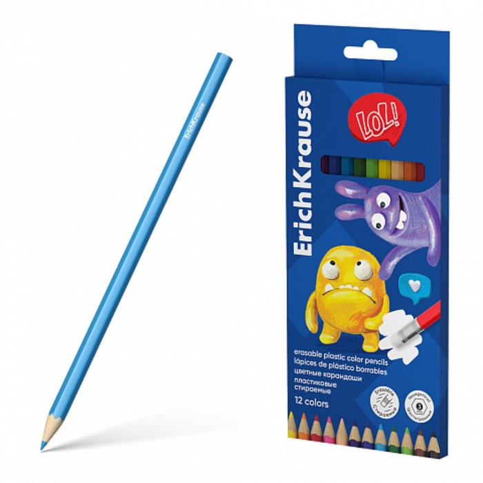 

Карандаши ErichKrause Jolly Friends 12 цветов, пластик, шестигранные с ластиком