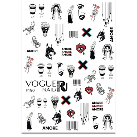 Слайдеры для ногтей Vogue Nails водные наклейки, сердечки надписи животные змеи скорпионы животные жарких стран раздаточные карточки 16 штук
