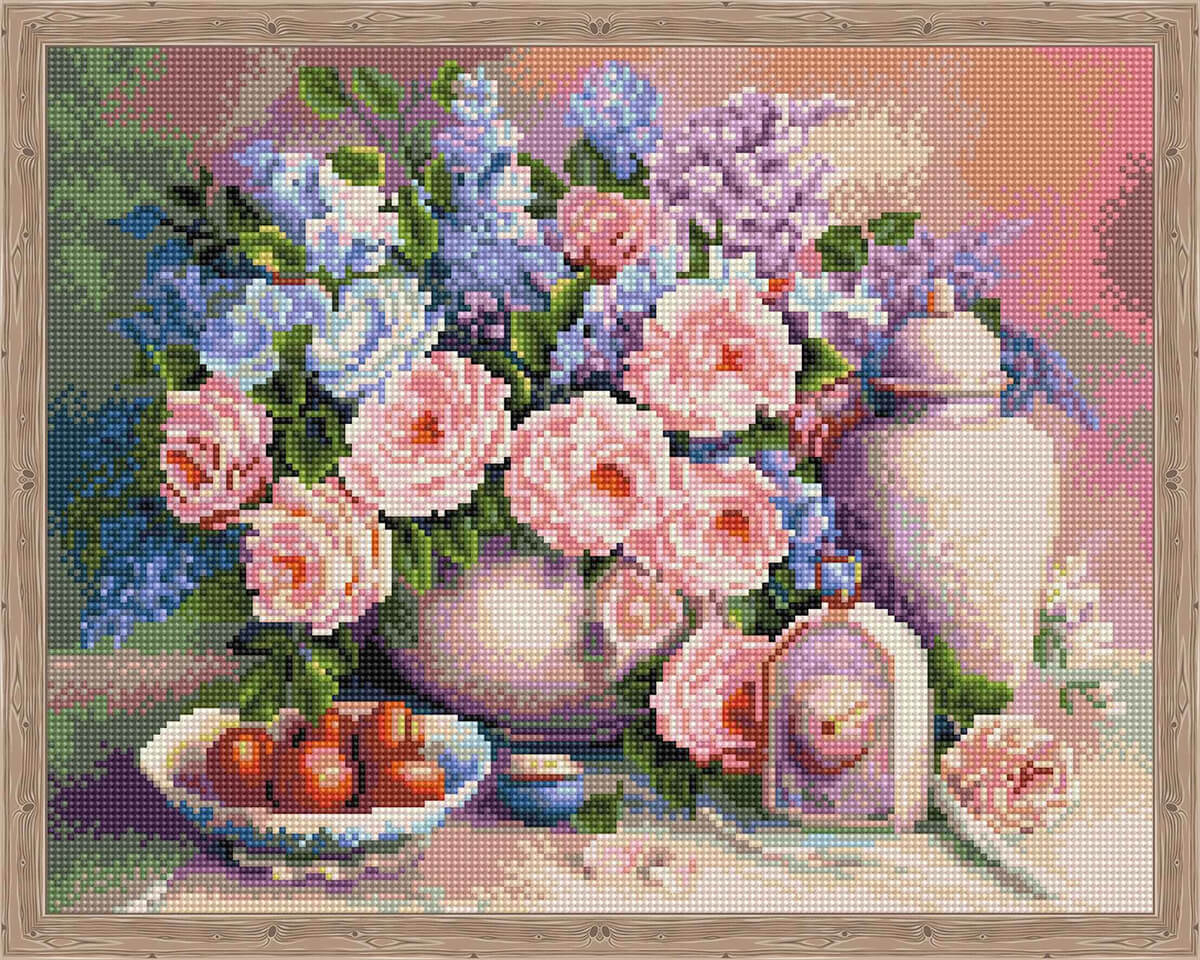 

Алмазная мозаика Цветной Натюрморт с розами полн выкладка 40х50 см круглые прозр стразы