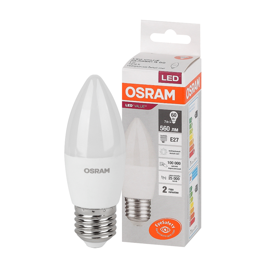 

Лампочка светодиодная E27 OSRAM LED Value B, 560 лм, 7Вт, 4000К, нейтральный свет