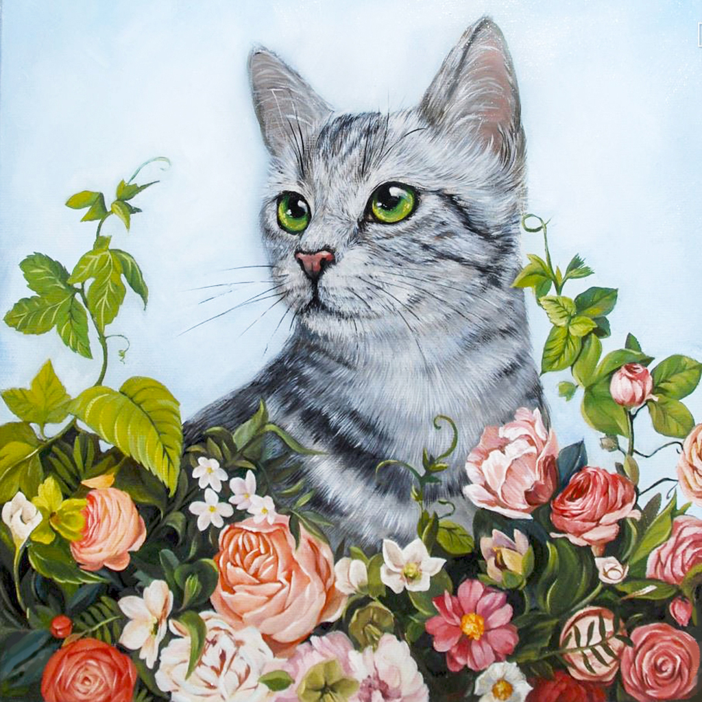фото Алмазная мозаика гранни «кот в саду» полная выкладка, 38х38 см, квадратные стразы