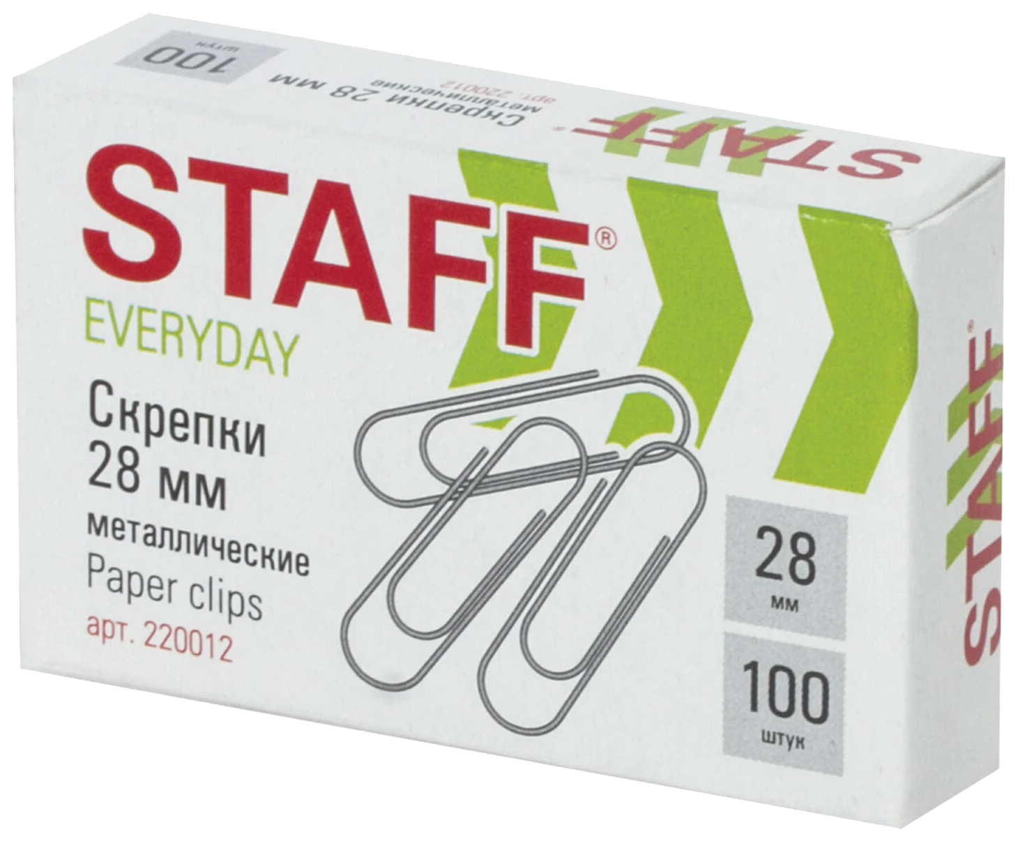 

Скрепки STAFF EVERYDAY, 28 мм, металлические, 100 шт в картонной коробке, Россия, 220012