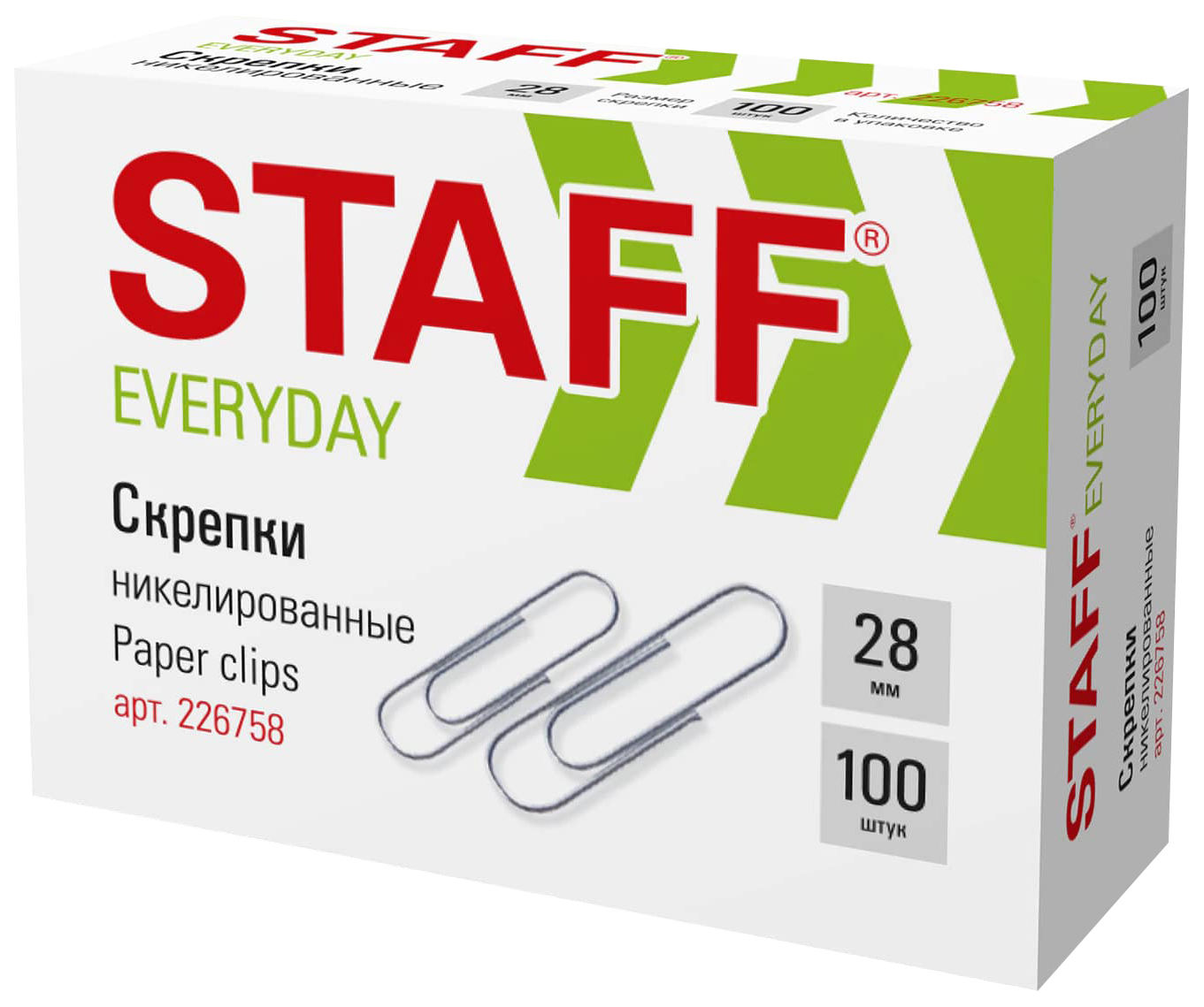 фото Скрепки staff everyday, 28 мм, никелированные, 100 шт в картонной коробке, 226758