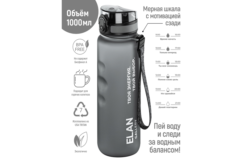

Бутылка для воды 1000 мл 7,8х7,8х28,5 см Elan Gallery Style Matte с углубл д/п серая, Серый, Бутылка 280206