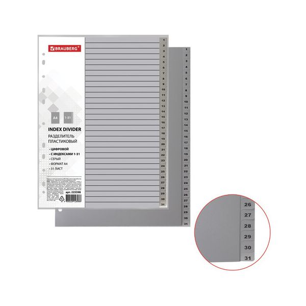 

Разделитель пластиковый BRAUBERG А4 31 лист цифровой 1-31 оглавление серый РОССИЯ 225598