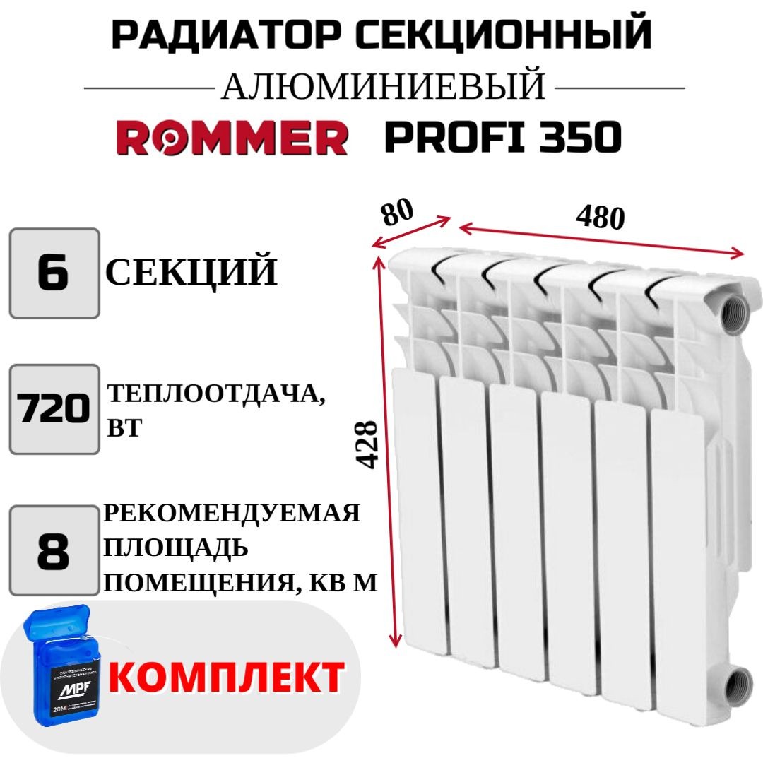 

Радиатор секционный ROMMER Profi 350 боковое, 6 секций, RAL-1210-035006, нить в комплекте, Радиатор_секционный_ROMMER_Profi_RAL