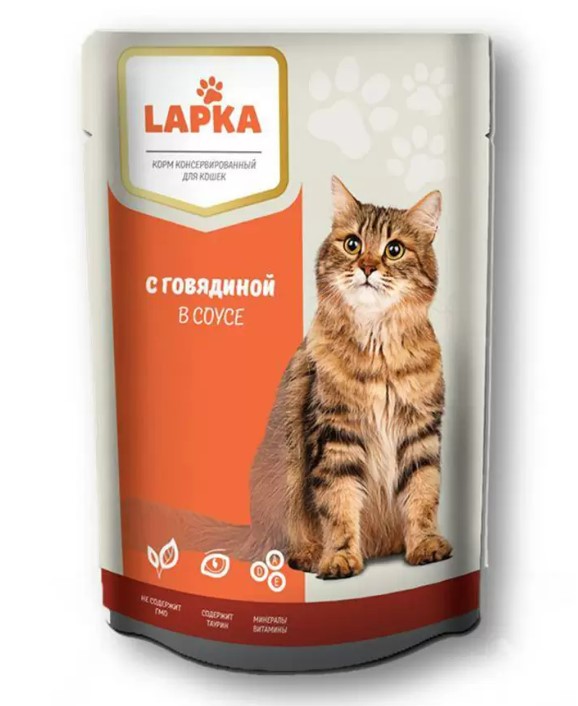 Влажный корм для кошек LAPKA, говядина 30 шт по 85 г