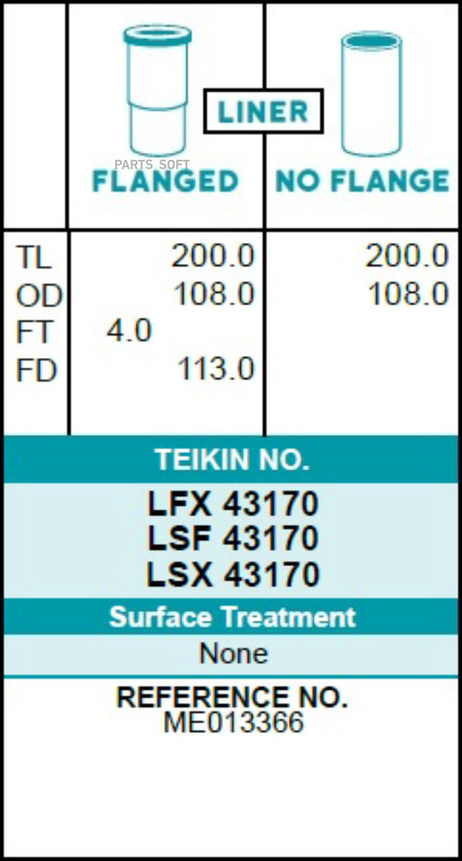 TEIKIN Гильза блока цилиндров TEIKIN LFX43170 (4шт/упак) хонингованная