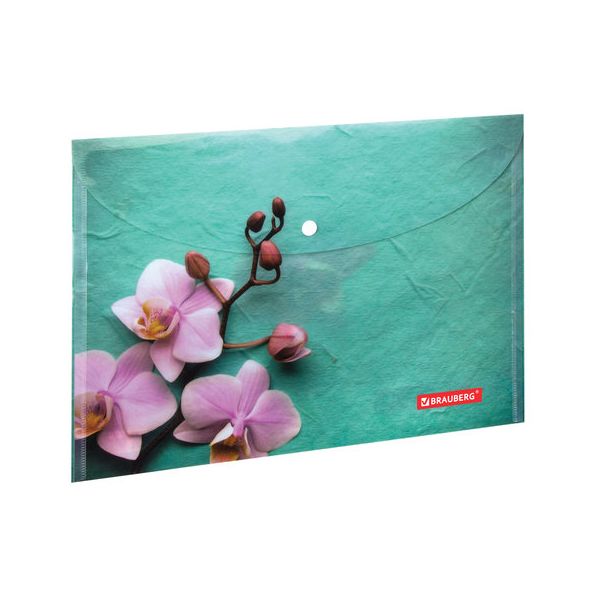 

Папка-конверт с кнопкой BRAUBERG FLOWER, А4, 160 мкм, до 100 л цветная печать, 228031, Разноцветный