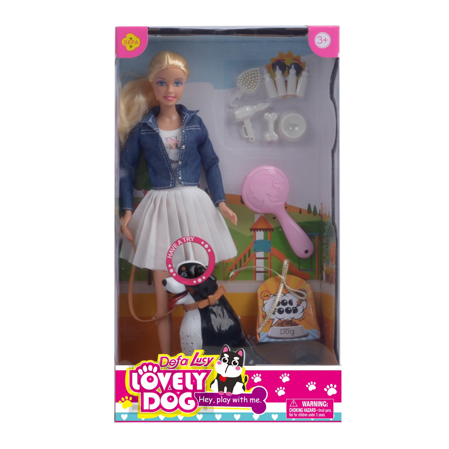Кукла DEFA Lucy Девушка с питомцем 28,5 см, пёс, звук, аксессуары, бело-синий