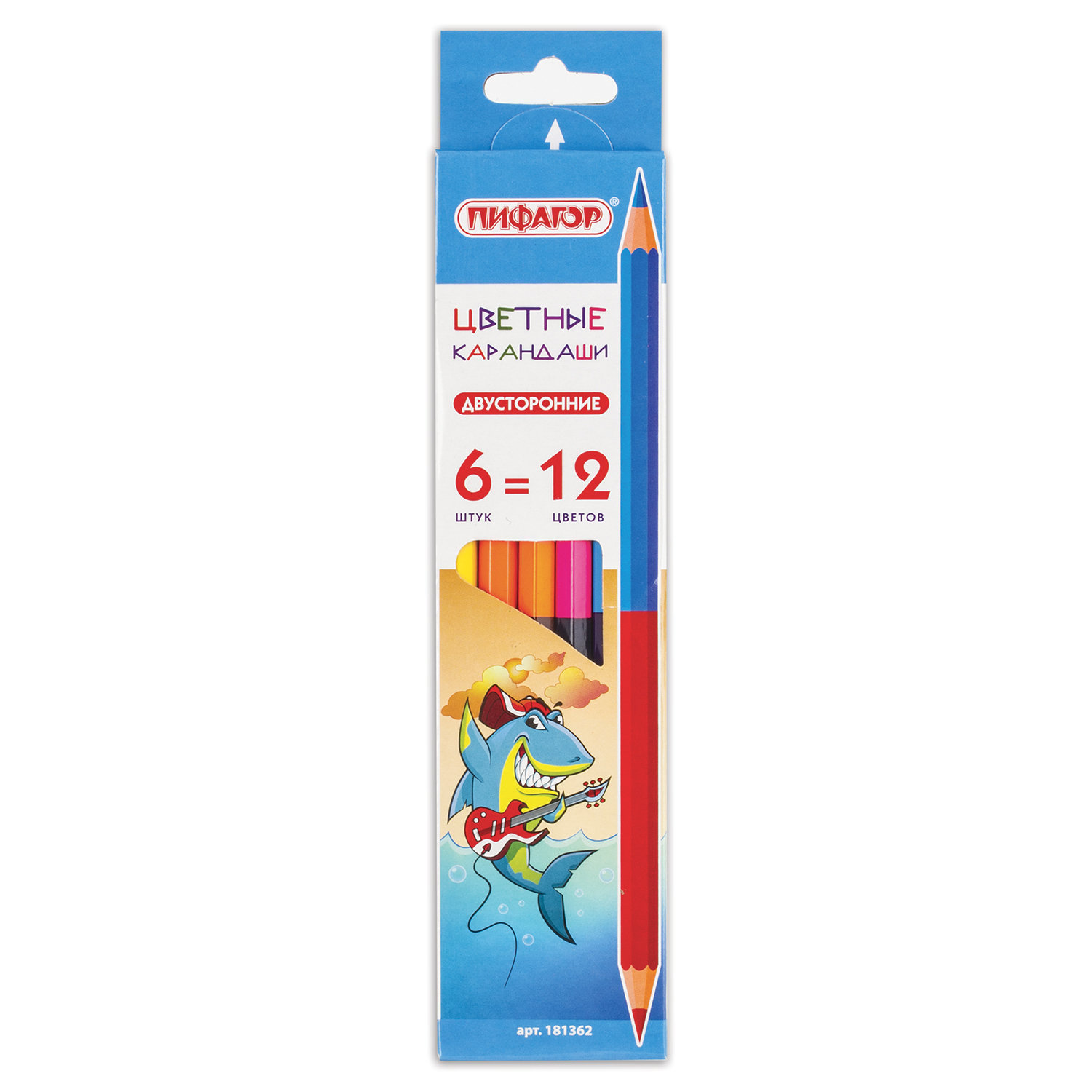 

Карандаши двусторонние ПИФАГОР ВЕСЕЛАЯ АКУЛА, 6 шт, 12 цв, заточенные, европодвес, 181362