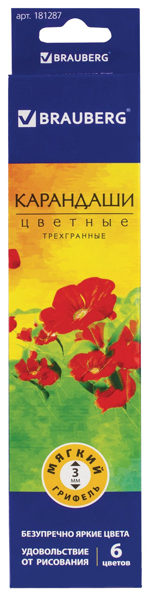 фото Карандаши цветные brauberg цветы, набор 6 цветов, трехгранные, лакированное дерево, 181287
