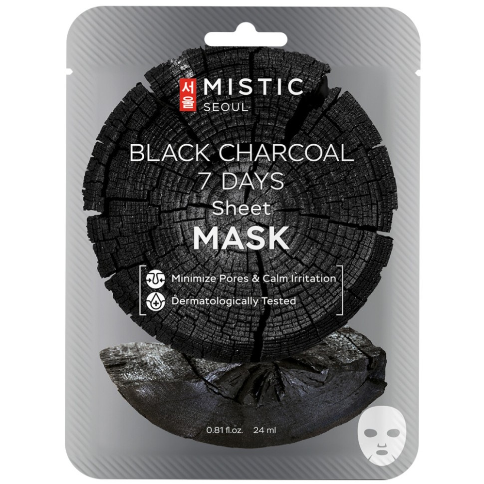 Маска для лица Mistic Black Charcoal 7 Days Sheet mask тканевая с древесным углем 24 мл