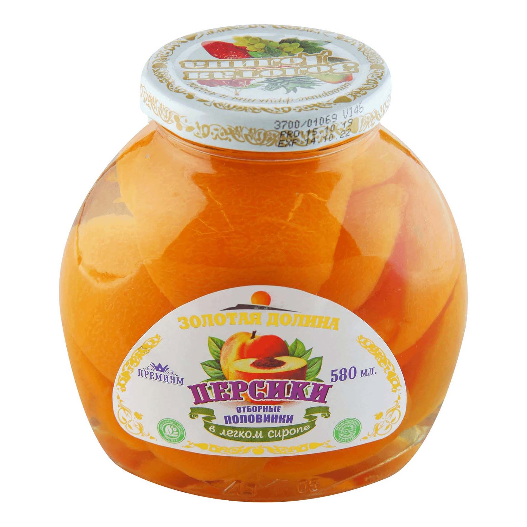 Персик Золотая Долина половинки, в легком сиропе, 580 мл