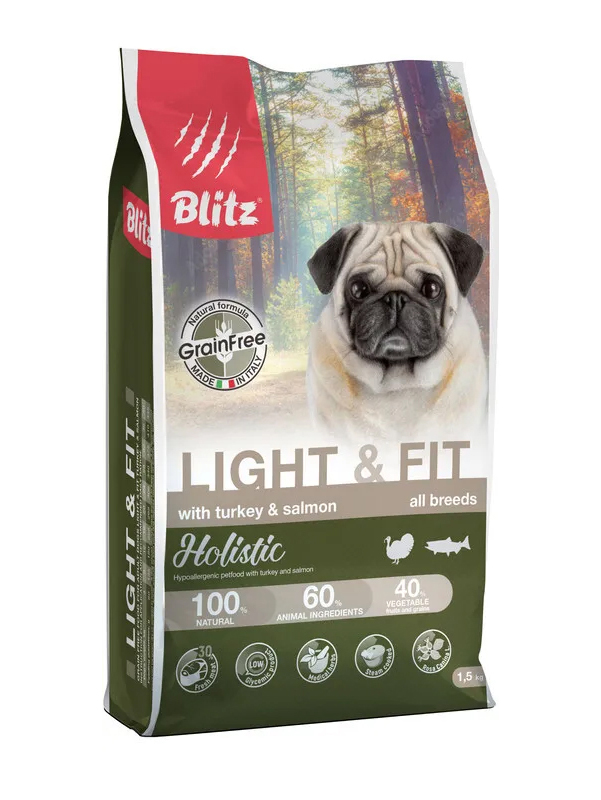Сухой корм для собак Blitz Holistic Light&Fit индейка и лосось, беззерновой, 1,5кг