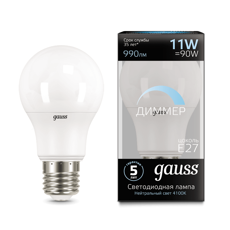 

Лампа Gauss LED A60-dim E27 11W 4100К диммируемая 1/10/50 102502211-D Gauss 1404187