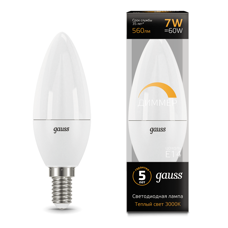 фото Лампа gauss led candle-dim e14 7w 3000к диммируемая 103101107-d gauss 1409608