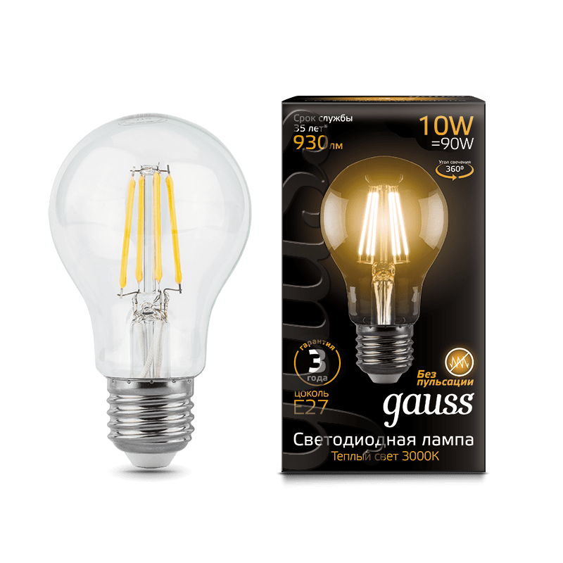 Лампа Gauss LED Filament A60 E27 10W 2700К 1/10/40 102802110 Gauss 1406574