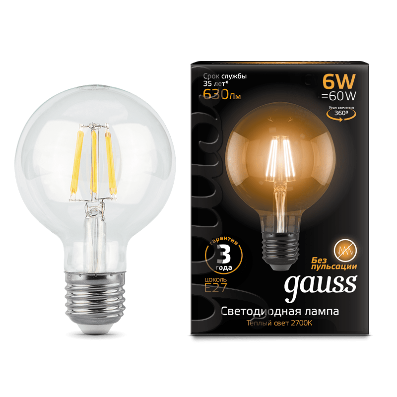 фото Лампа gauss led filament g95 e27 6w 2700k 105802106 gauss 1389168