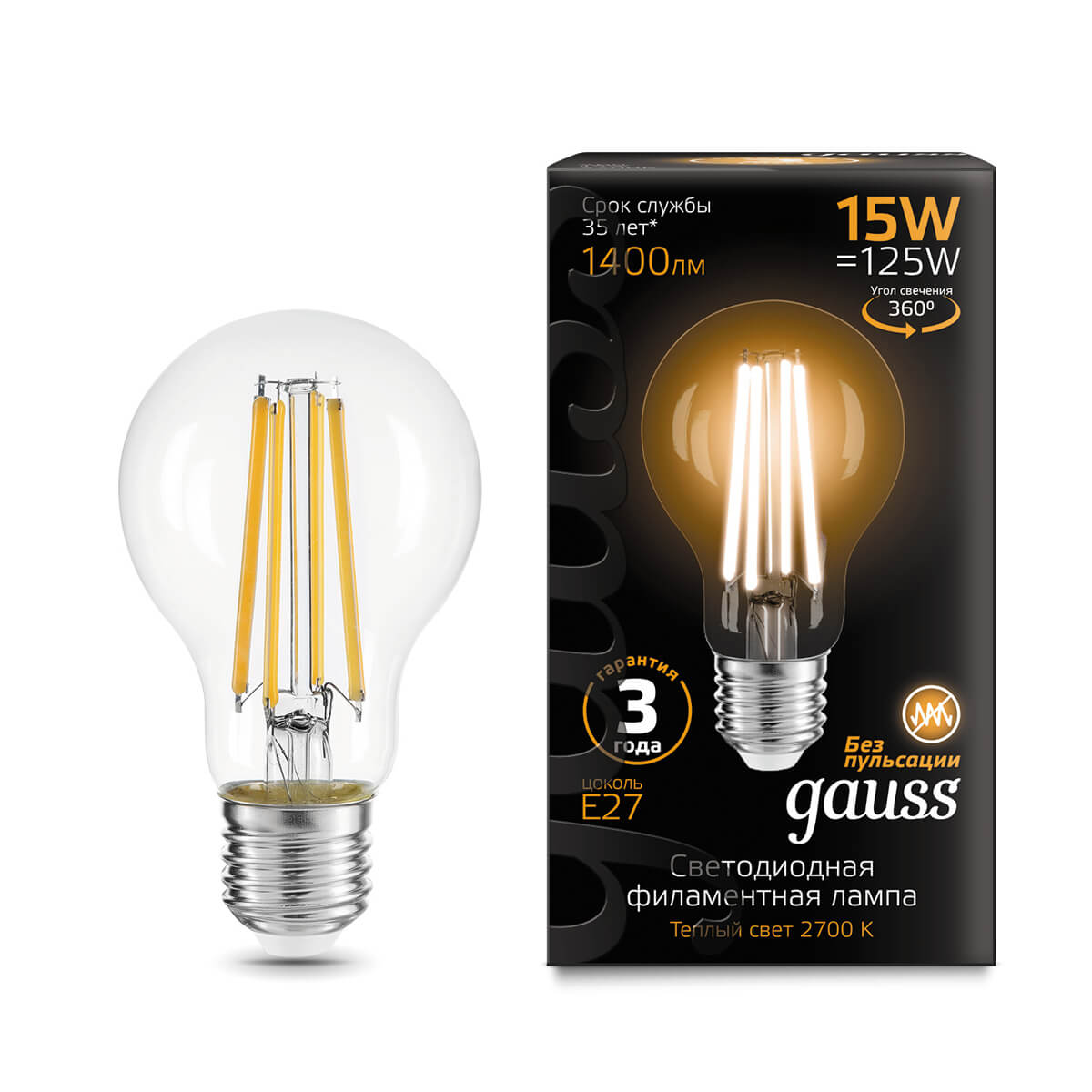 фото Лампа gauss led filament а60 15w 1400lm 2700к е27 1/10/40102902115 gauss 1422332