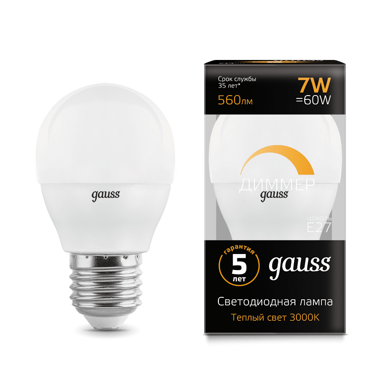 фото Лампа gauss led globe-dim e27 7w 3000к диммируемая 105102107-d gauss 1409606