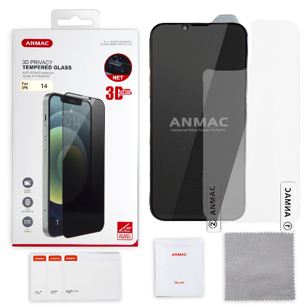

Защитное стекло Anmac для iPhone 14 3D Privacy с сеточкой + пленка назад, Защитное стекло ANMAC для iPhone 14 3D Privacy с сеточкой + пленка назад