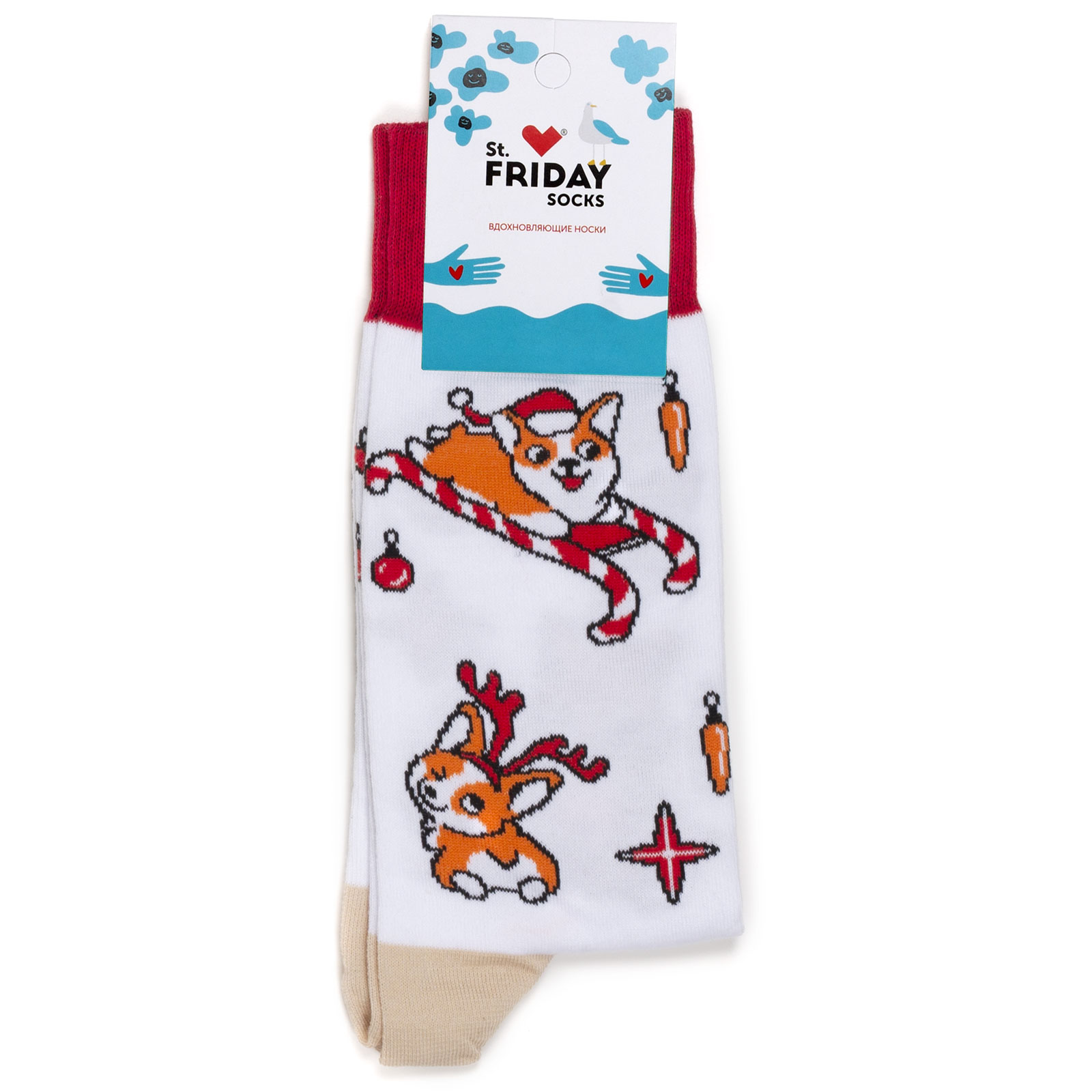 Носки унисекс St. Friday Socks Корги Новый Год белые 38-41