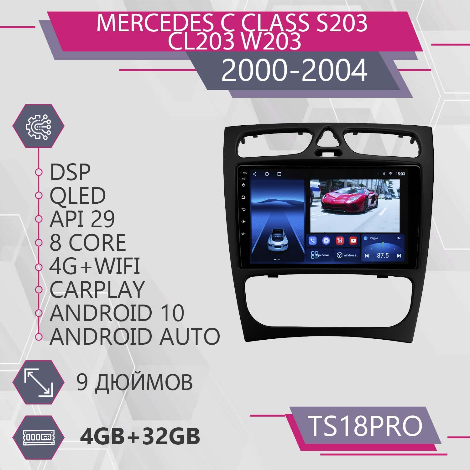 Магнитола Точка Звука TS18Pro для Mercedes-Benz C-Class S203 CL203 W203 4+32GB 2din