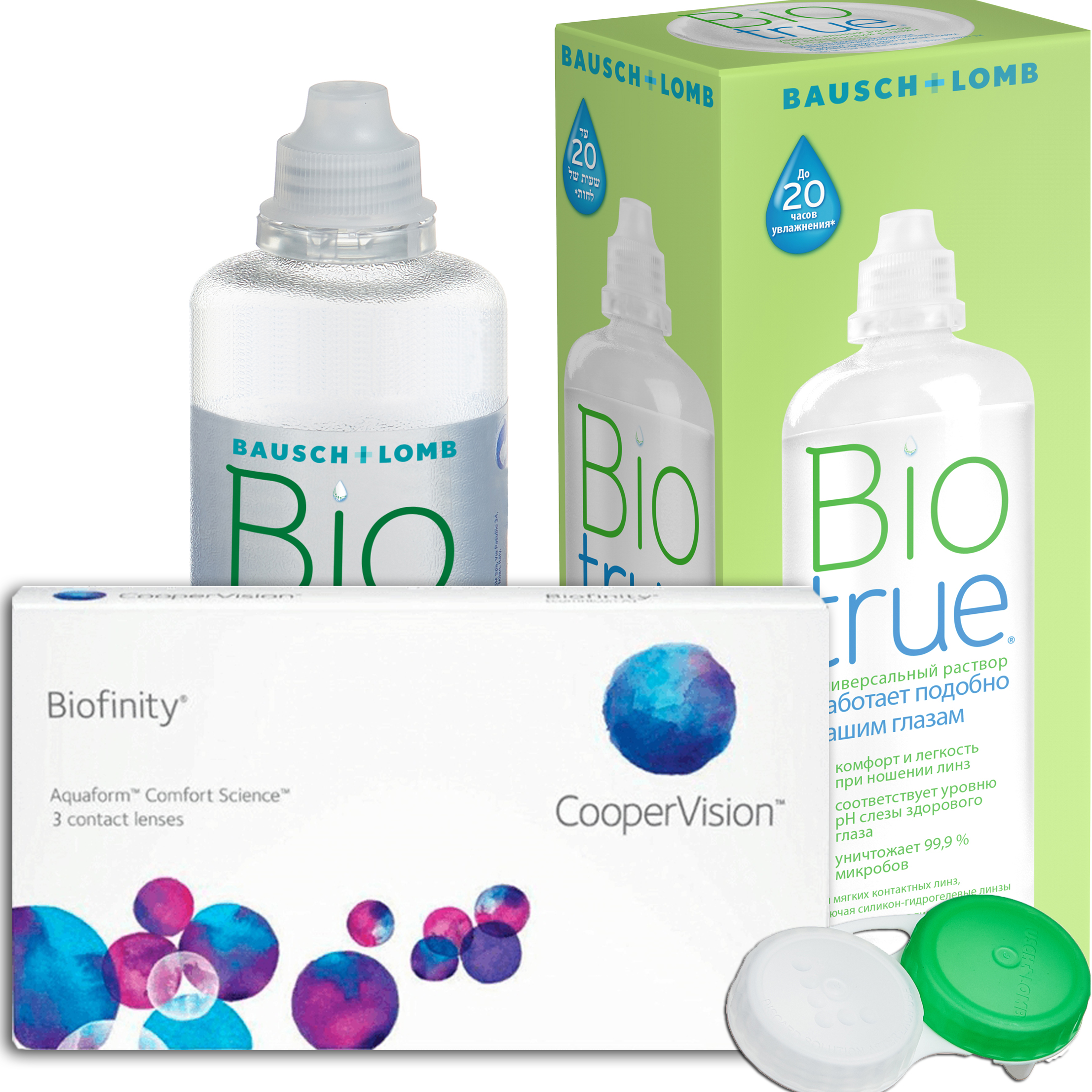Купить Biofinity 3 линзы + Biotrue, Контактные линзы Biofinity 3 линзы R 8.6 -3, 75 + Раствор Biotrue 300 мл