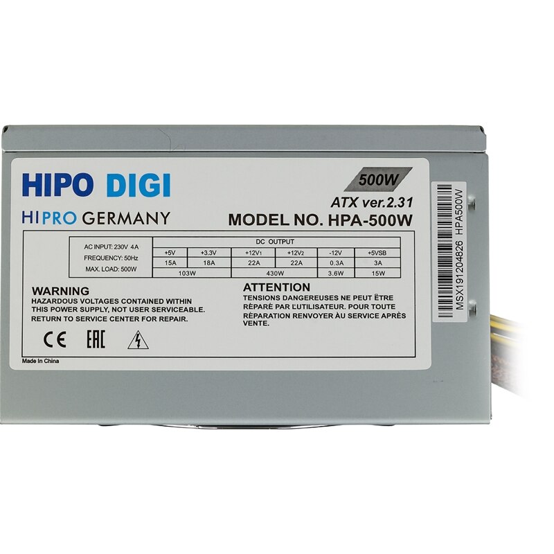 

Блок питания Hipro ATX 500W (HIPO DIGI) HPA-500W (24+4+4pin) APFC 120mm fan 4xSATA, Серебристый