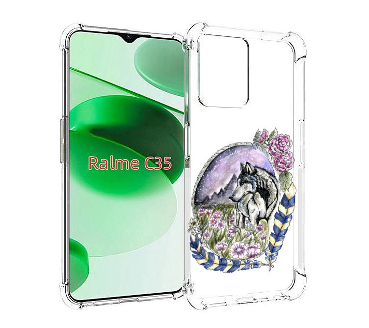 

Чехол MyPads нарисованный волк в цветах с перьями для Realme C35 / Narzo 50A Prime, Прозрачный, Tocco