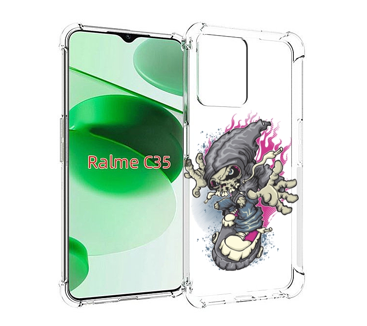 фото Чехол mypads нарисованный скелет на скейт борде для realme c35 / narzo 50a prime