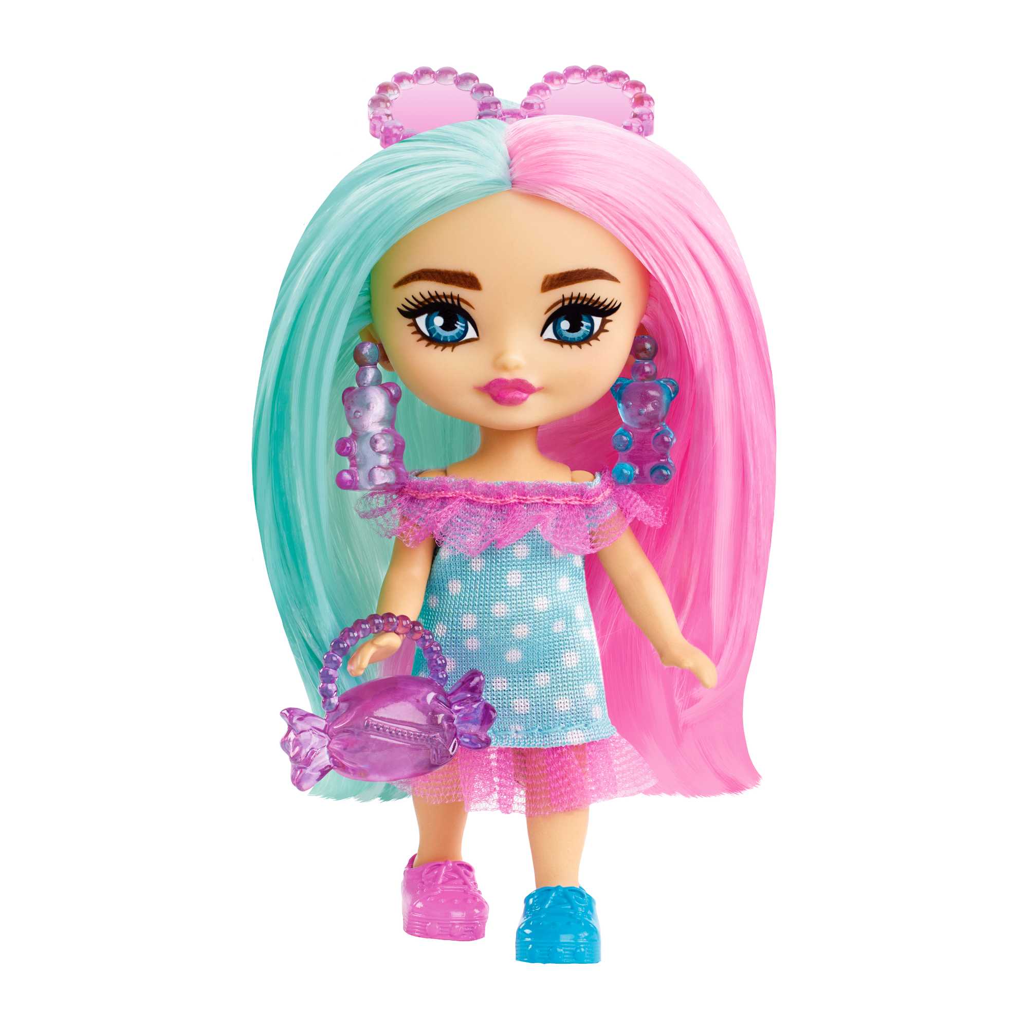 Кукла Barbie Extra Mini Minis в платье в горошек, с аксессуарами и подставкой, HPH21