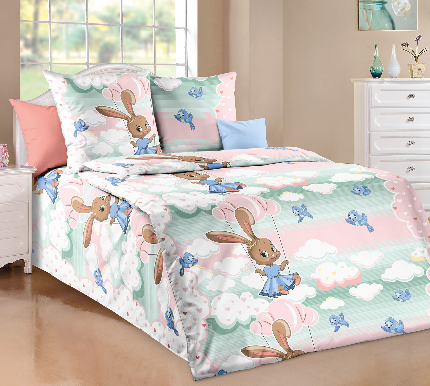 

Постельное Белье 1.5-спальное Перкаль (2 наволочки 70х70) "Крылатые качели 1"