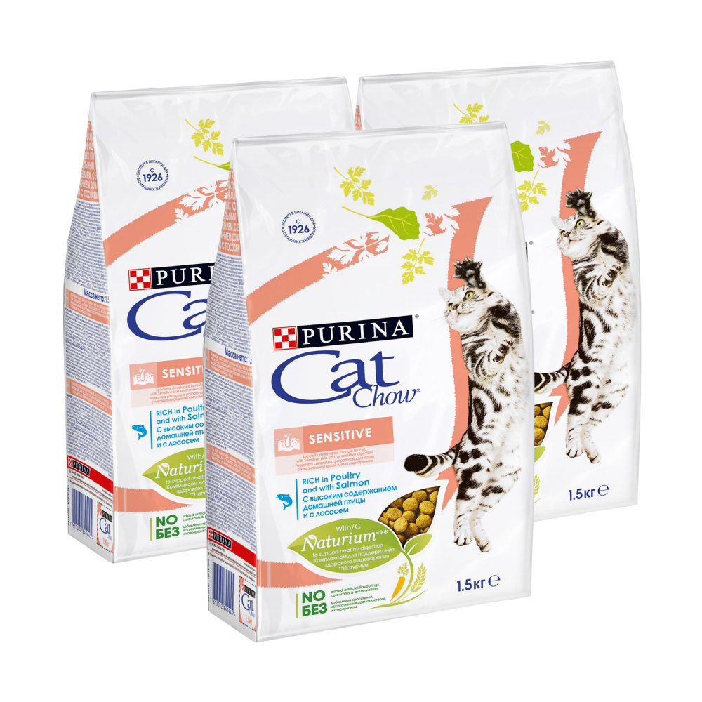 фото Сухой корм для кошек cat chow sensitive , мясо, 3шт, 1.5кг