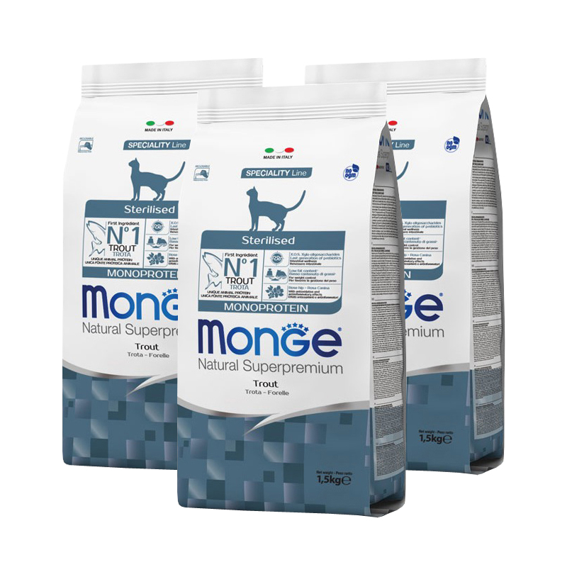 фото Сухой корм для кошек monge monoprotein sterilised, форель, 3шт по 1.5кг