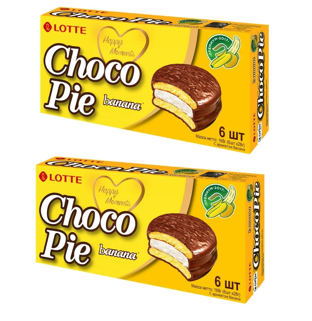 Печенье Choco Pie Lotte, Банан, 6 шт, 168 г х 2 упаковки