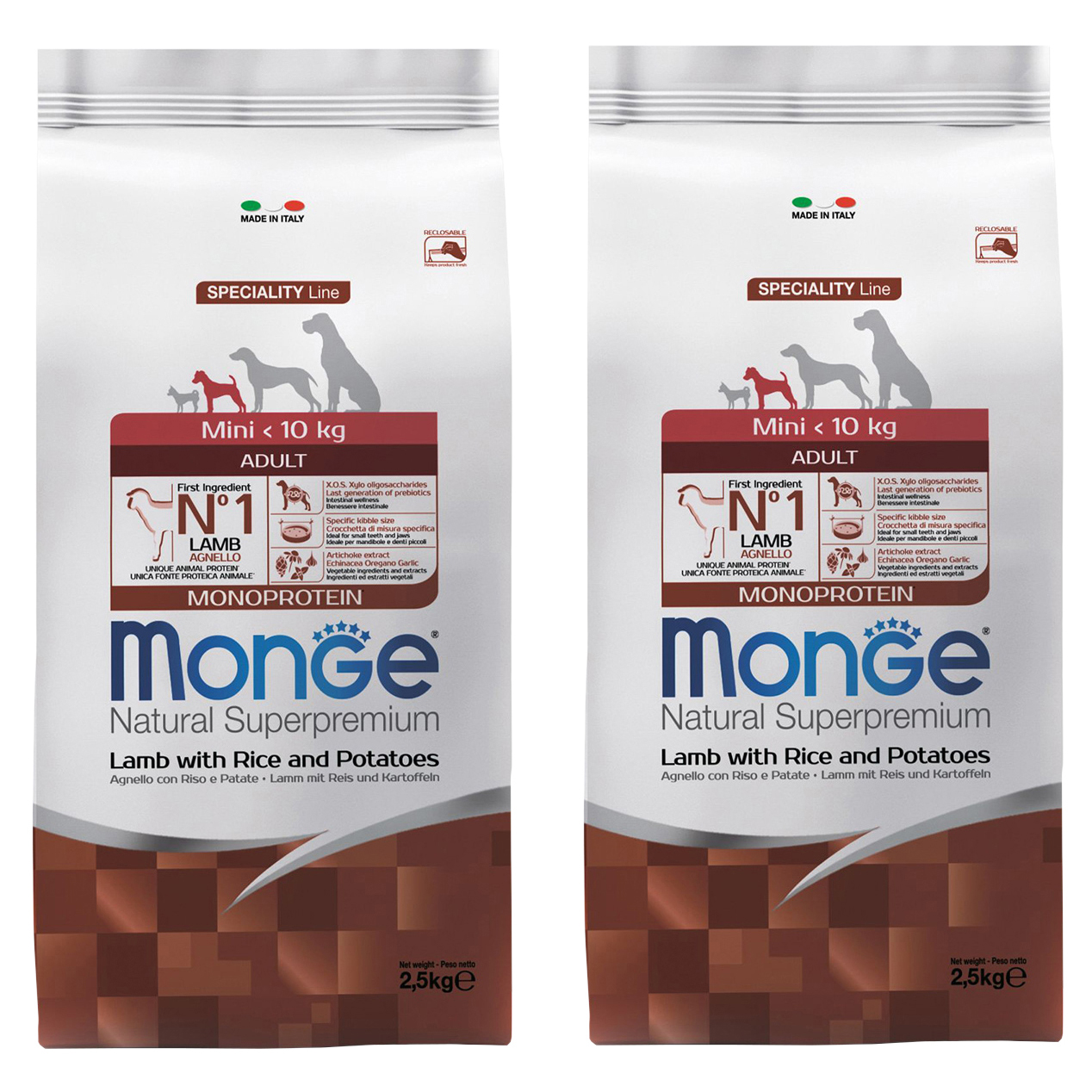 

Сухой корм для собак Monge Speciality Mini, ягненок, рис, картофель, 2шт по 2,5кг, Speciality Mini