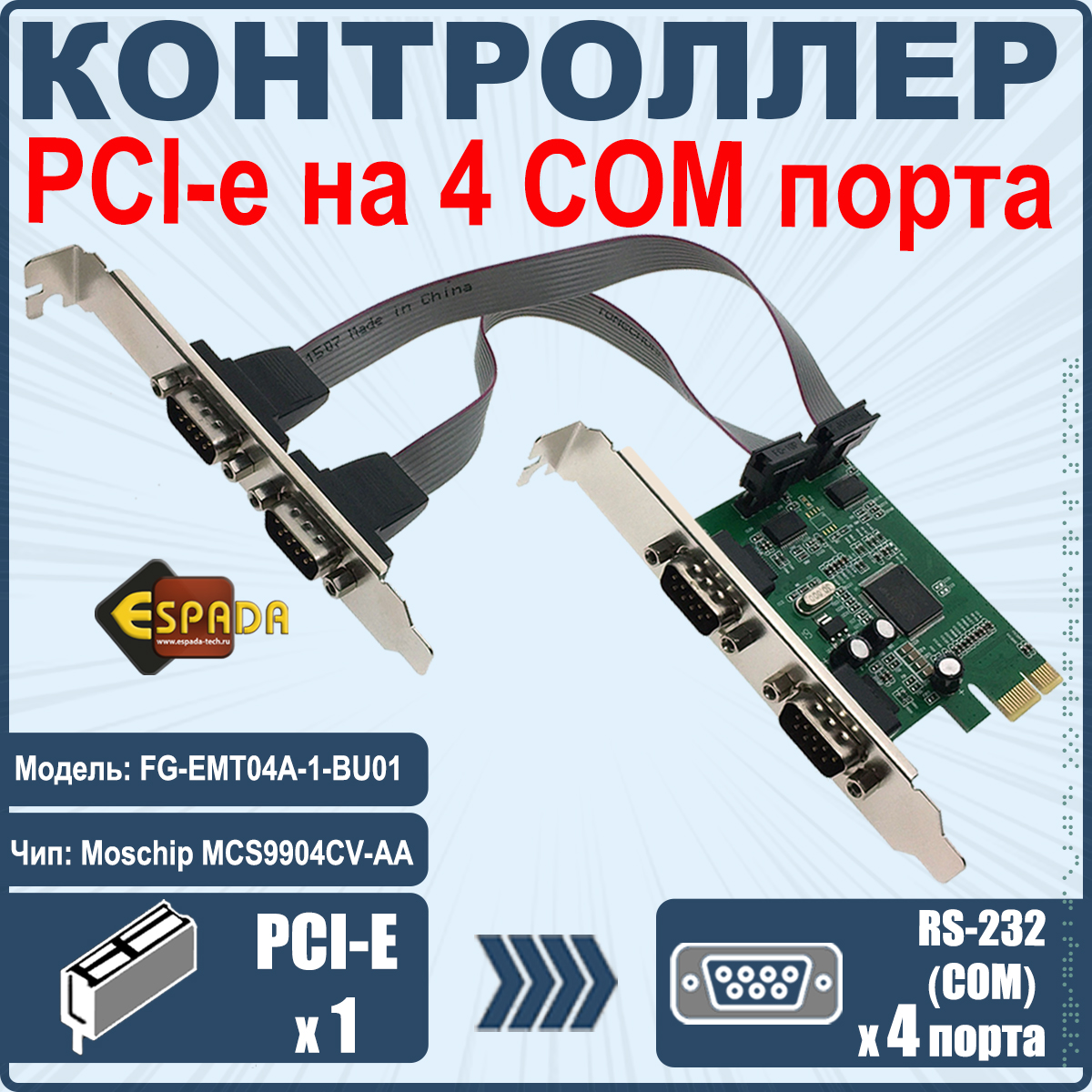 

PCI-e Ethernet контроллер Espada RS232, FG-EMT04A-1-BU01