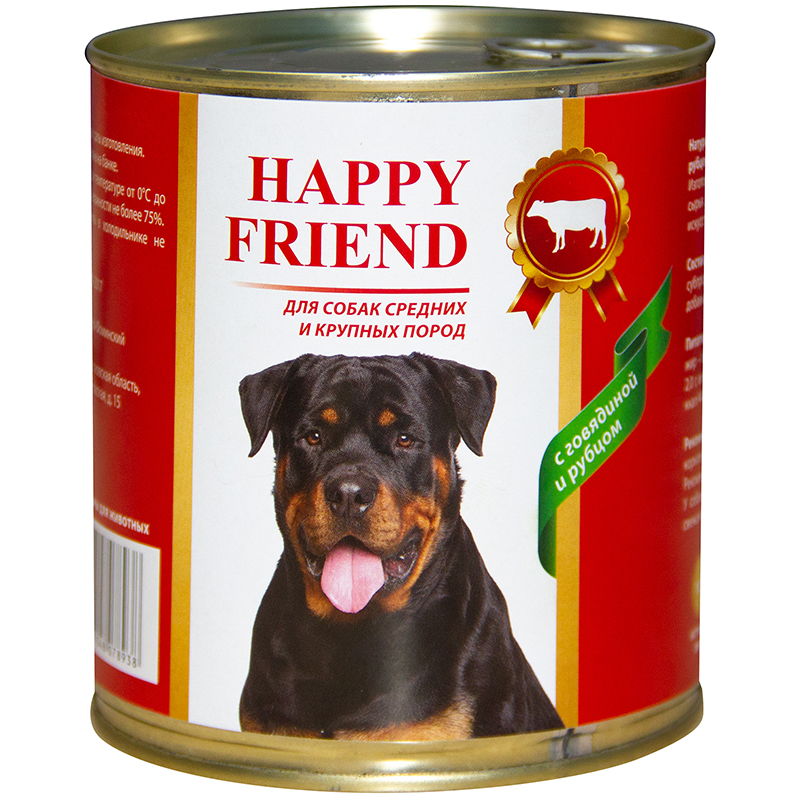 Консервы для собак HAPPY FRIEND для средних и крупных пород, говядина, рубец, 750г