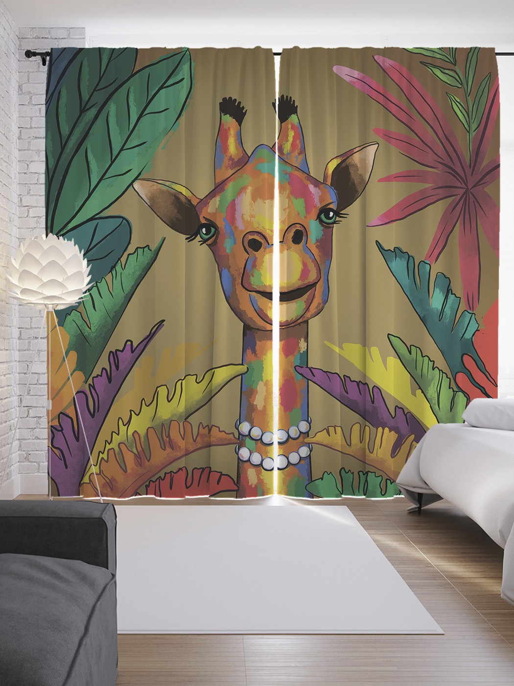 

Шторы JoyArty с фотопечатью "Разноцветный жираф" из сатена, 290х265 см, Разноцветный жираф