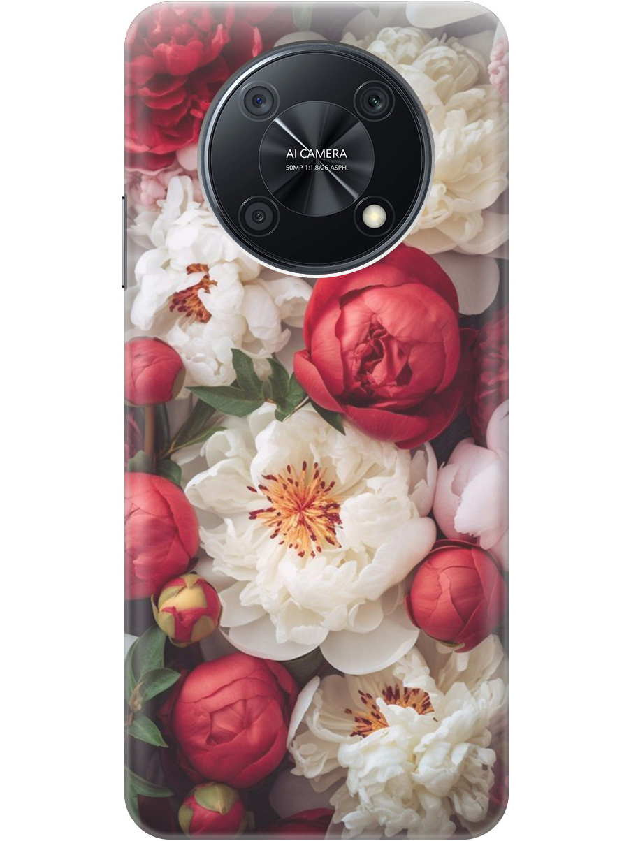 

Силиконовый чехол на Huawei nova Y90 с рисунком "Красно-белые пионы", Белый;красный, 20000551