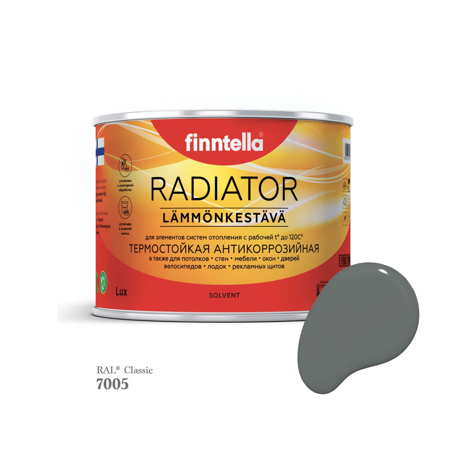 

Краска для радиаторов быстросохнущая финская эмаль FINNTELLA RADIATOR Matta. Матовая. Цвет, Серый, RADIATOR Matta RAL