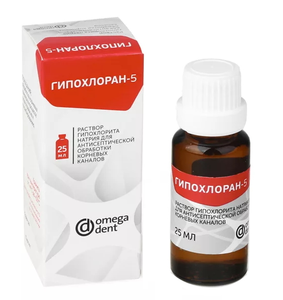 

Раствор Омега-Дент для антисептической обработки каналов Гипохлоран-5 5% 25 мл, Раствор гипохлорита натрия для антисептической обработки корневых каналов ГИПОХЛОРАН-5 5% 25 мл.