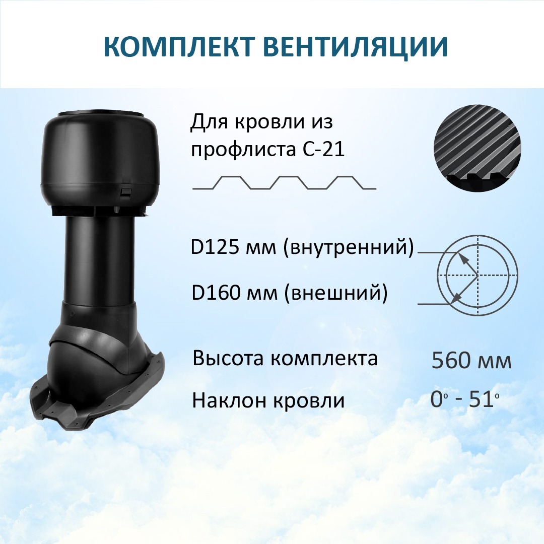 Комплект вентиляции: колпак D160, вент. выход утепленный Н-500, для п/л С21, RAL9005 труба вентиляции 110 мм утепленный выход универсальный для кровли крыши из профнастила