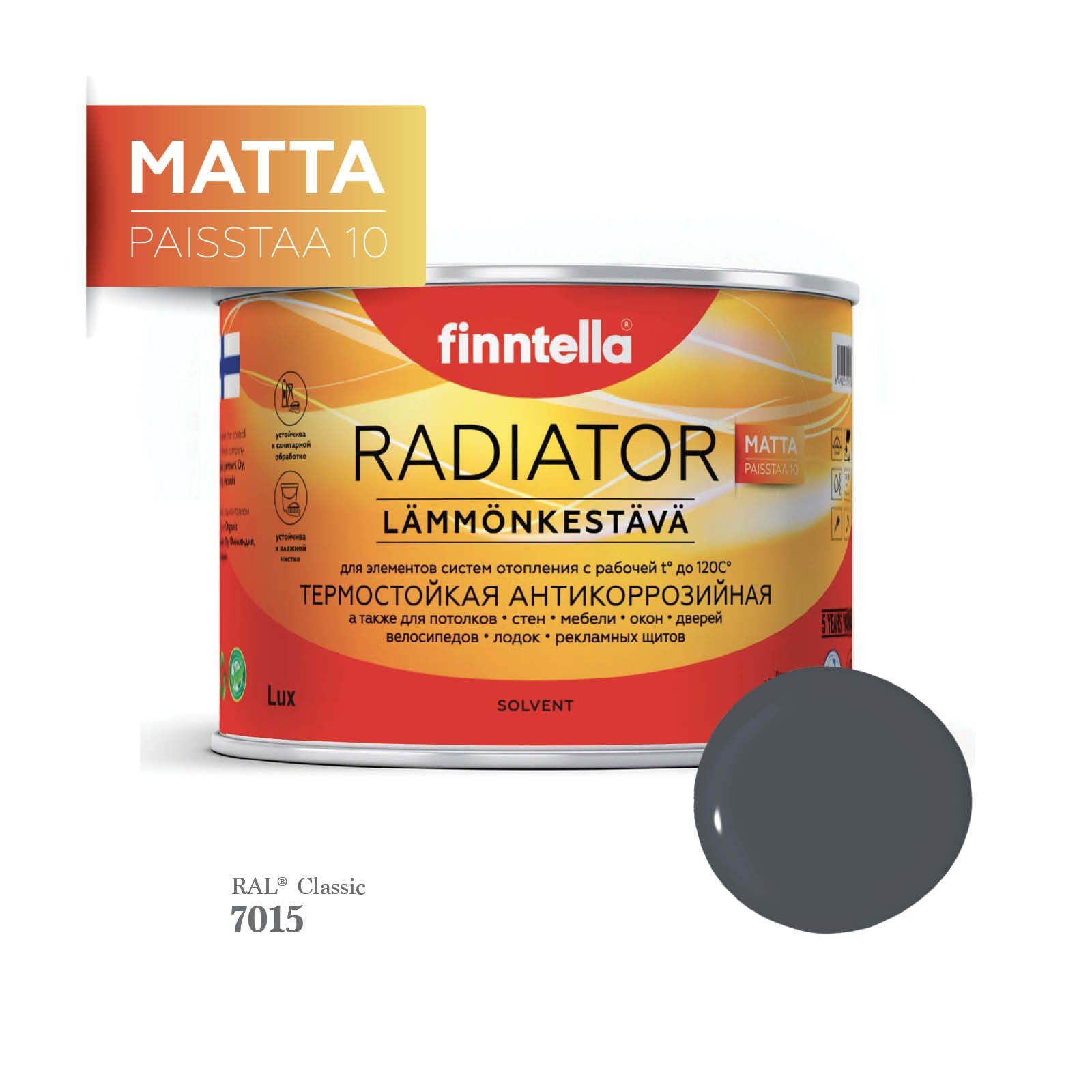 

Краска для радиаторов быстросохнущая финская эмаль FINNTELLA RADIATOR Matta. Матовая. Цвет, Серый, RADIATOR Matta RAL