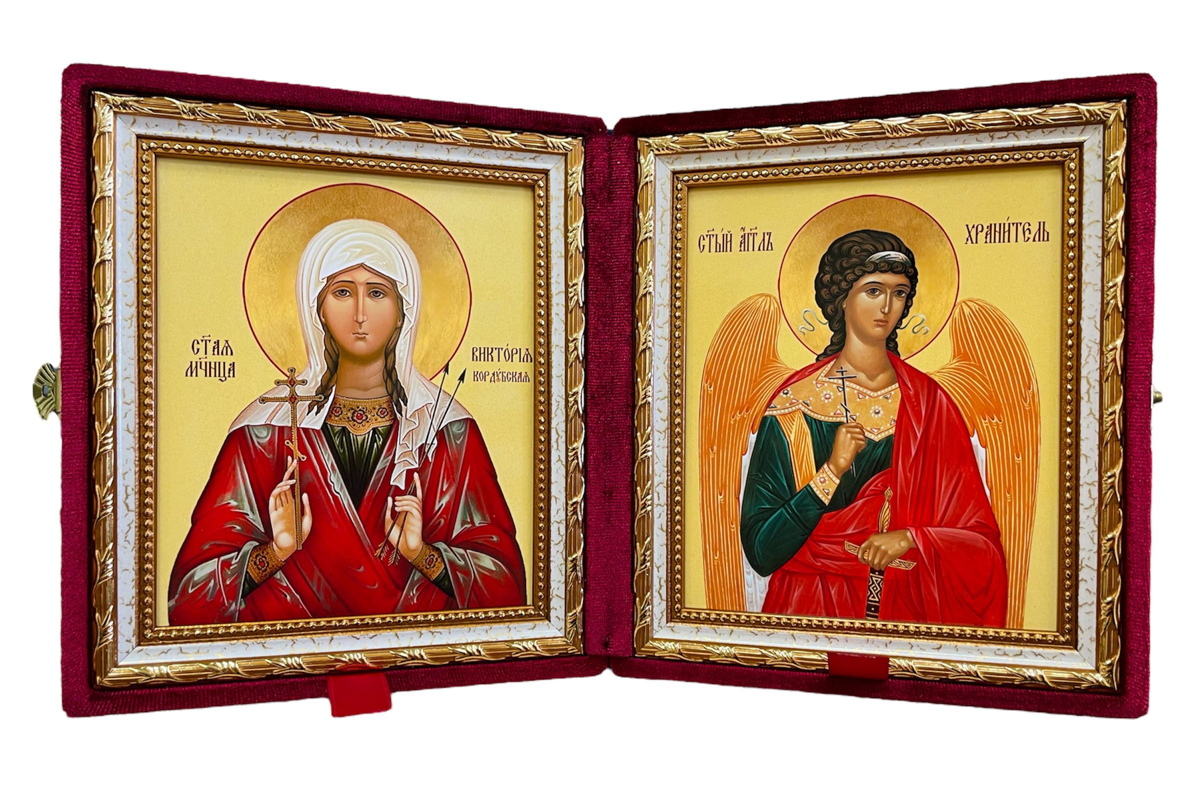 

Икона Складень Виктория Кордувийская, Мученица и Ангел Хранитель в бархатном футляре